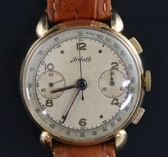 A gentlemans 1950s? 18ct gold Ardath chronograph manual wind wrist watch,